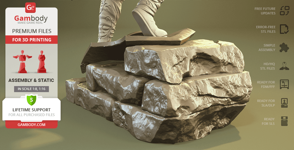 A 3D printable model of boots on rocky terrain, showcasing detailed textures and assembly information for printing.