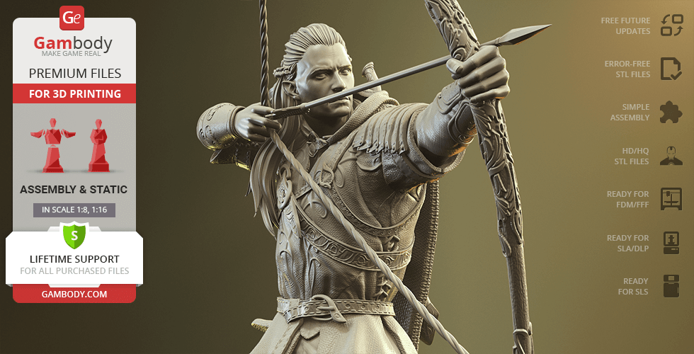 A 3D model of an archer in detailed armor drawing a bow, designed for 3D printing.