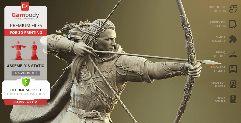 A detailed 3D model of an archer aiming a bow, ready for 3D printing, featured on a promotional image.