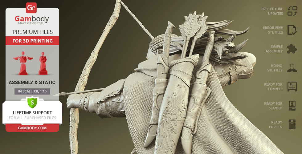 A detailed 3D model of an archer with arrows and a bow, designed for 3D printing, from Gambody.