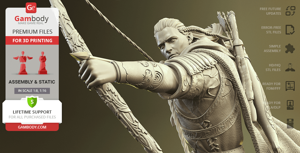 A detailed 3D model of an elf archer aiming a bow, designed for 3D printing.