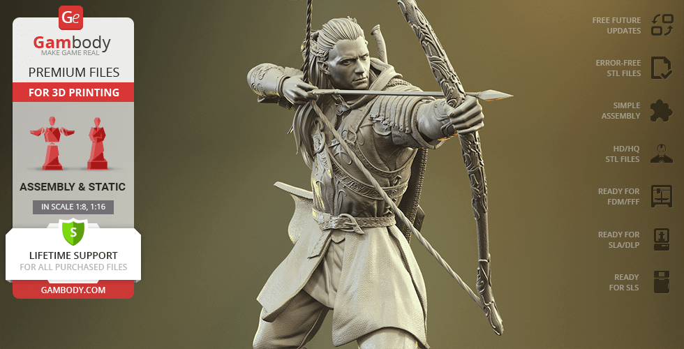 A detailed 3D-printed model of an archer drawing a bow.