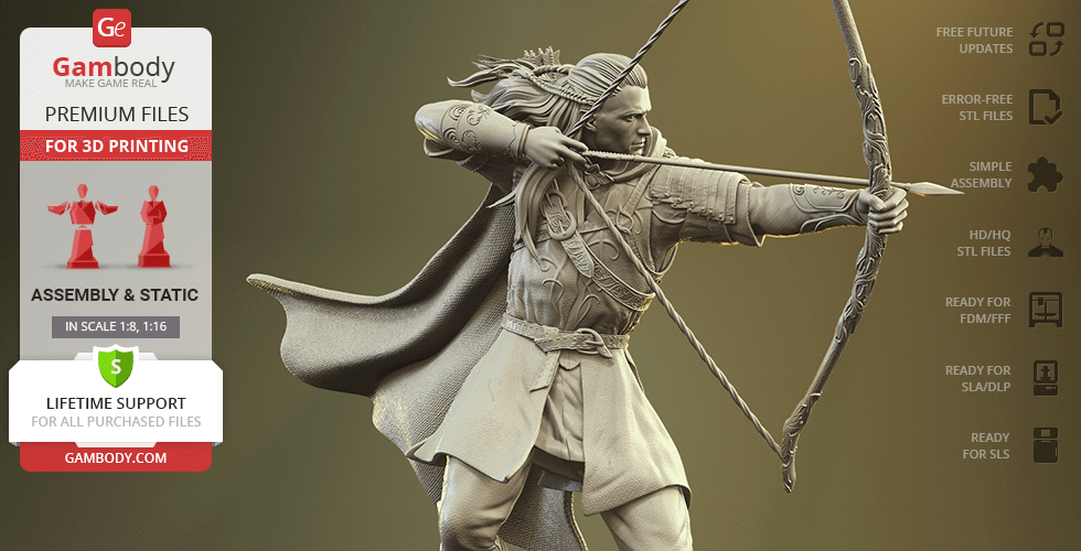 A detailed 3D model of an elf archer aiming a bow, with flowing hair and intricate armor.