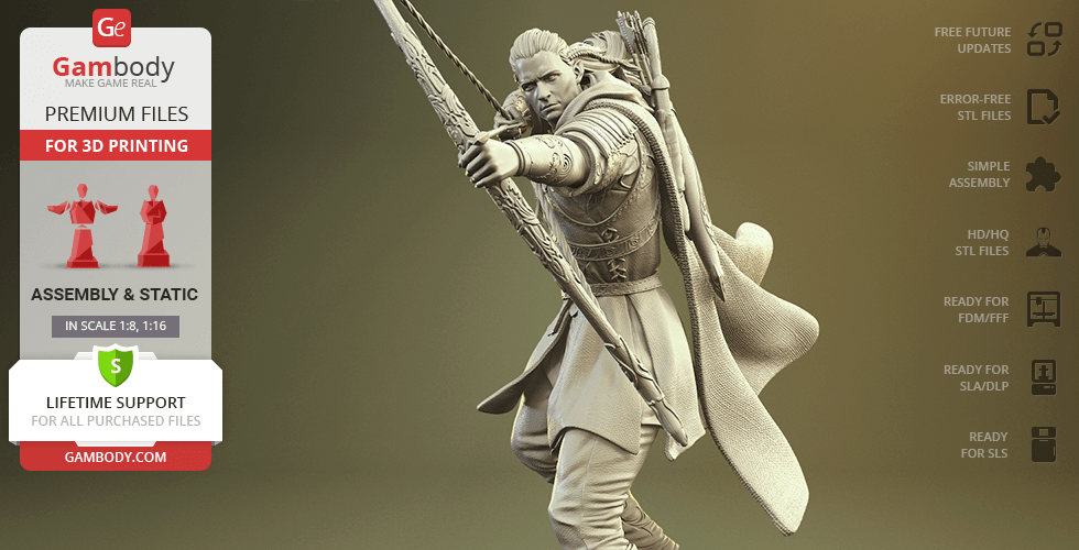 Elf archer figure with bow, detailed cloak, in dynamic pose. 3D print model promo with assembly features.