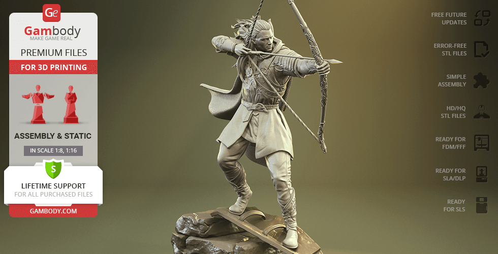 A 3D model of an archer drawing a bow, standing dynamically on a rocky base.