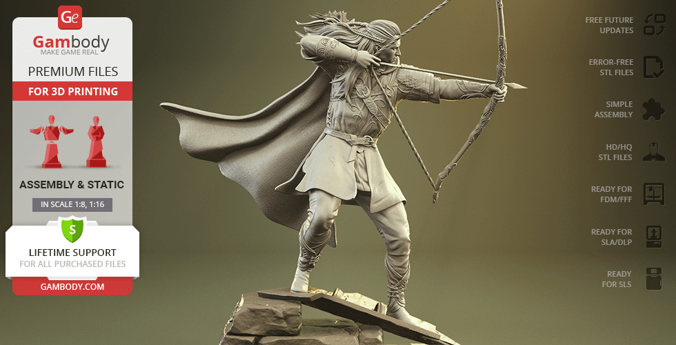 Archer in dynamic pose, aiming bow, with a flowing cloak, designed for 3D printing.