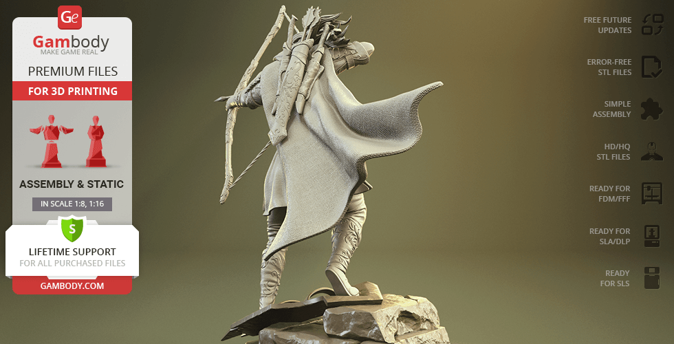 Elf figure with a cloak and bow standing on rocky terrain, designed for 3D printing.