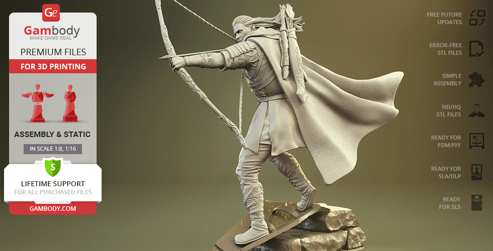 Archer figure aiming with a bow, dressed in detailed armor and cape, standing on rocky base.