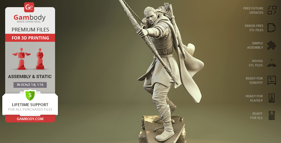 A detailed 3D model of an elf archer poised with a bow, ready for 3D printing.