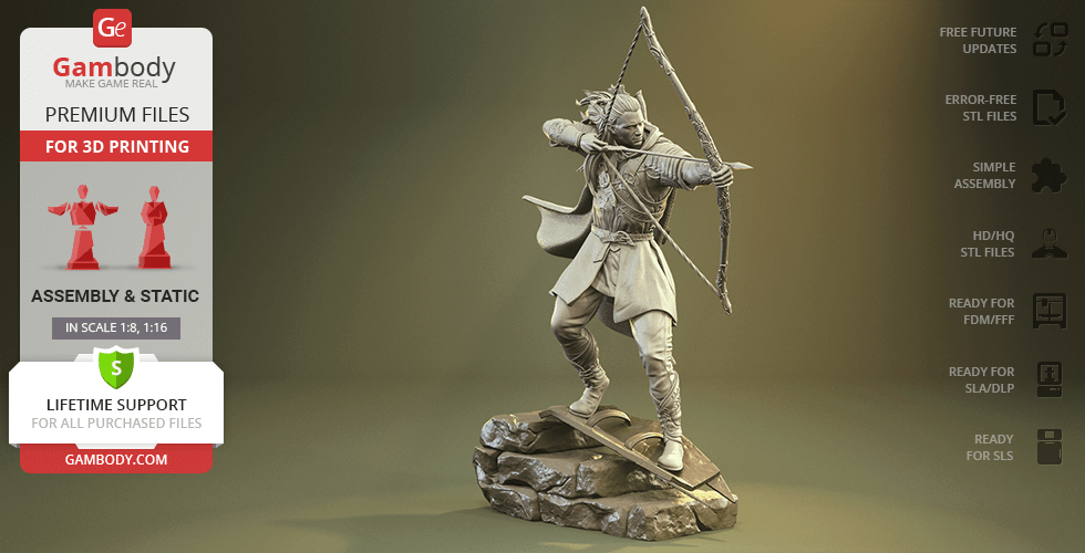 3D model of a character archer in a dynamic pose, ready to shoot an arrow, standing on a rocky base.