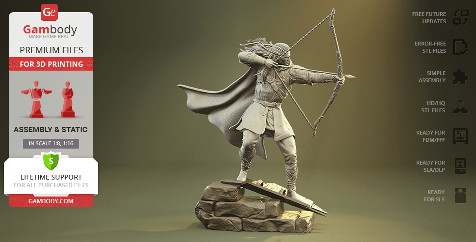 A 3D model of an elf archer poised to shoot, on a rocky base, designed for 3D printing.