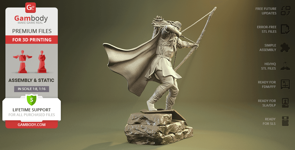 A highly detailed 3D model of an elf archer drawing a bow, standing on rocky terrain.