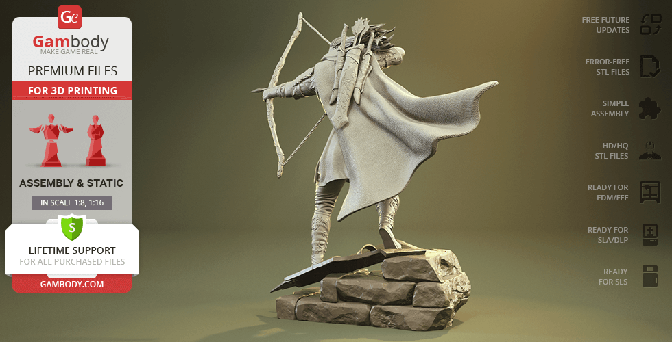 A 3D model of an elf archer with a bow, standing on rocky terrain, wearing a cape.