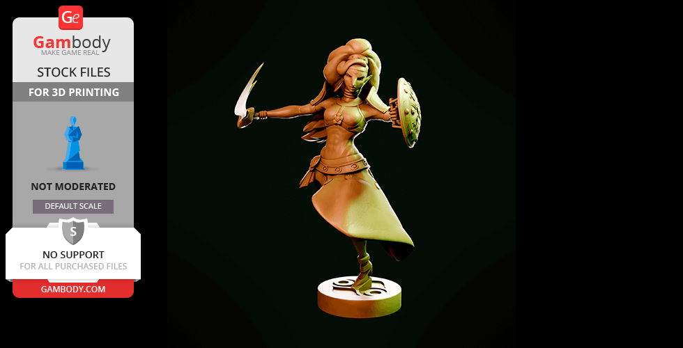 A 3D model of a female warrior with a shield and scimitar, posed dynamically on a stand.