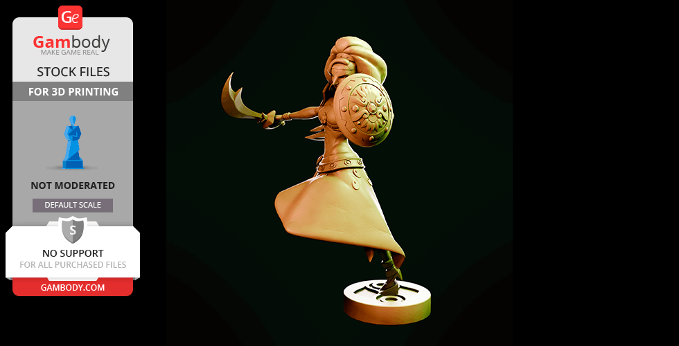 A 3D model of a warrior with a shield and scimitar, poised in an action stance on a circular base.