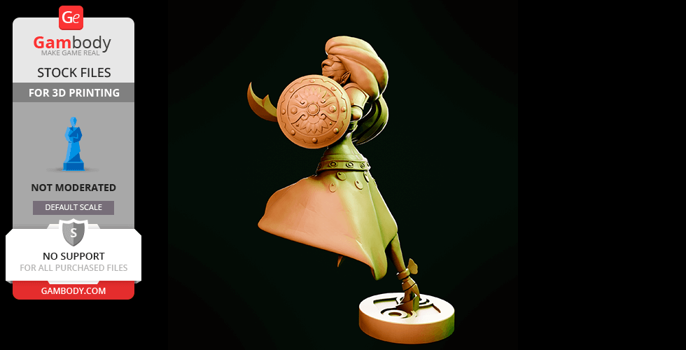 A detailed 3D model of a warrior character holding a shield, ready for 3D printing.