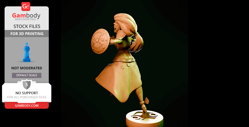 A detailed 3D model of a warrior holding a shield, designed for printing, displayed on a stand.