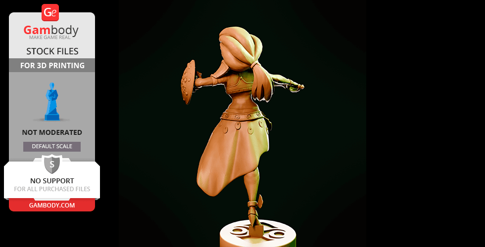 A 3D model of a warrior with long hair, holding a shield, standing on a decorative base.