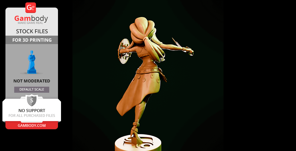 A warrior figure in a dynamic pose wielding a shield and weapon, ready for 3D printing.