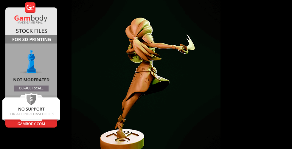 3D model of a dynamic warrior figure from Zelda, posed with flowing hair and wielding a curved blade.