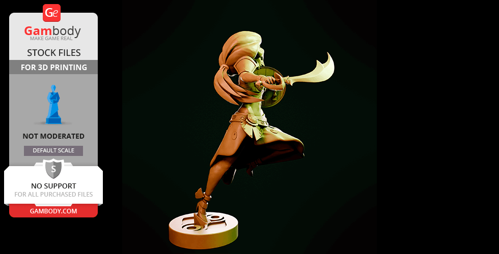 A warrior holding a scimitar and shield, posed dynamically for a 3D printed model.