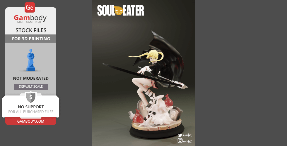 A dynamic 3D model of Maka Albarn wielding a scythe, from the series 'Soul Eater,' ready for 3D printing.