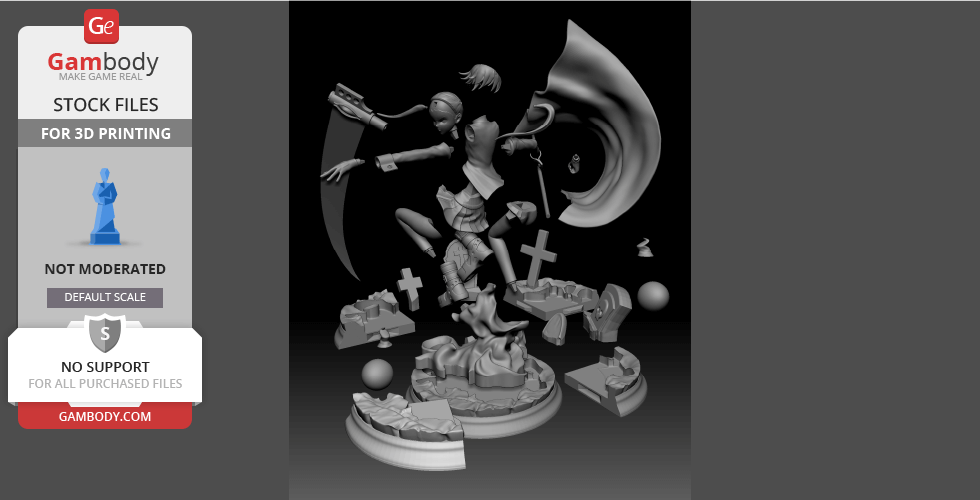 Character with a scythe in dynamic pose, surrounded by graveyard elements for 3D printing.