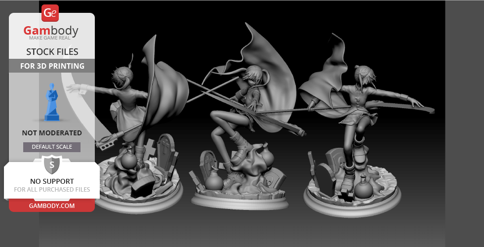 3D model of a dynamic character with scythe, posed on a detailed base, ready for 3D printing.