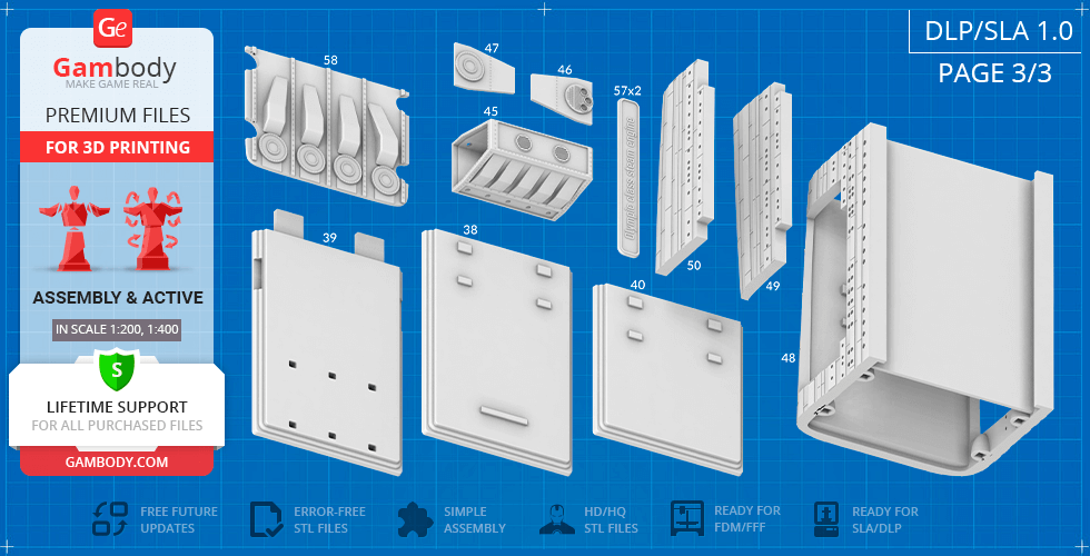 3D model parts for the Olympic Class Steam Engine, arranged for assembly; includes panels and mechanical components.