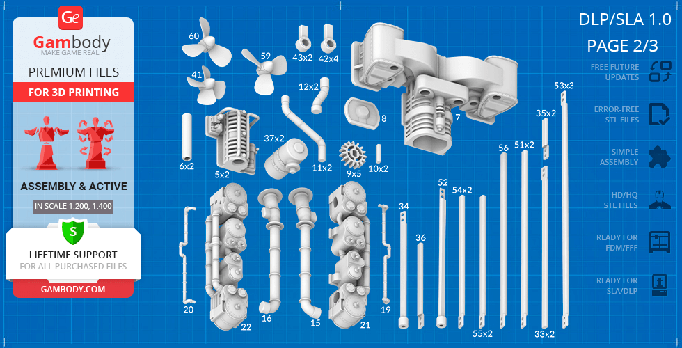 3D model parts of an Olympic Class Steam Engine laid out on a blueprint for 3D printing.