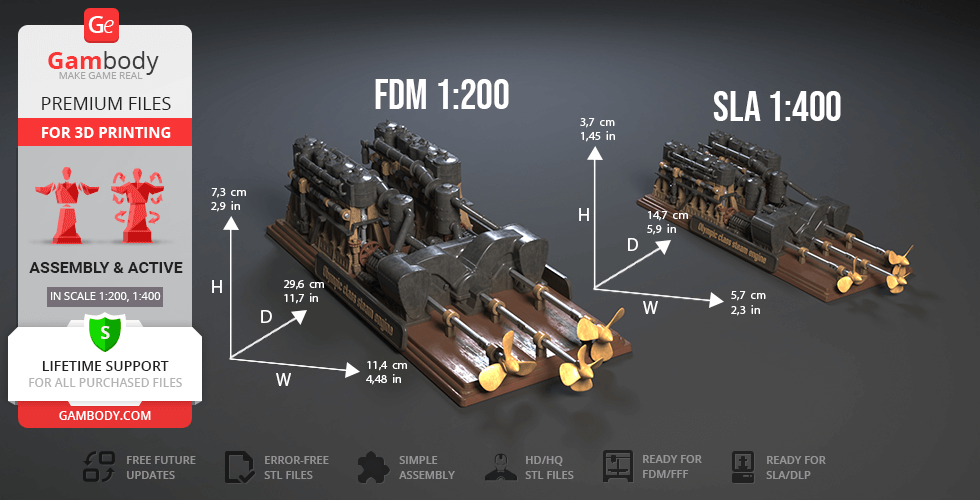 Two detailed 3D models of Olympic class steam engines, scaled for FDM 1:200 and SLA 1:400 printing.