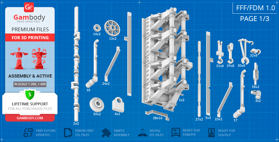 3D printing parts for an Olympic class steam engine model, shown with dimensions on a blueprint background.