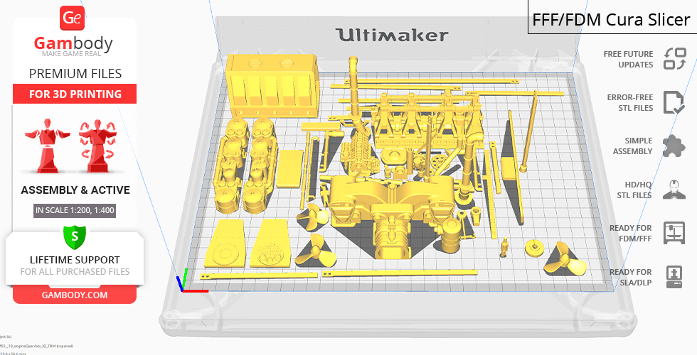 3D printed parts for an Olympic Class Steam Engine displayed on a grid platform.