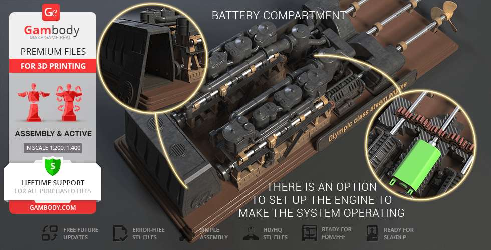 3D model of an Olympic Class steam engine, showcasing components and features for 3D printing.