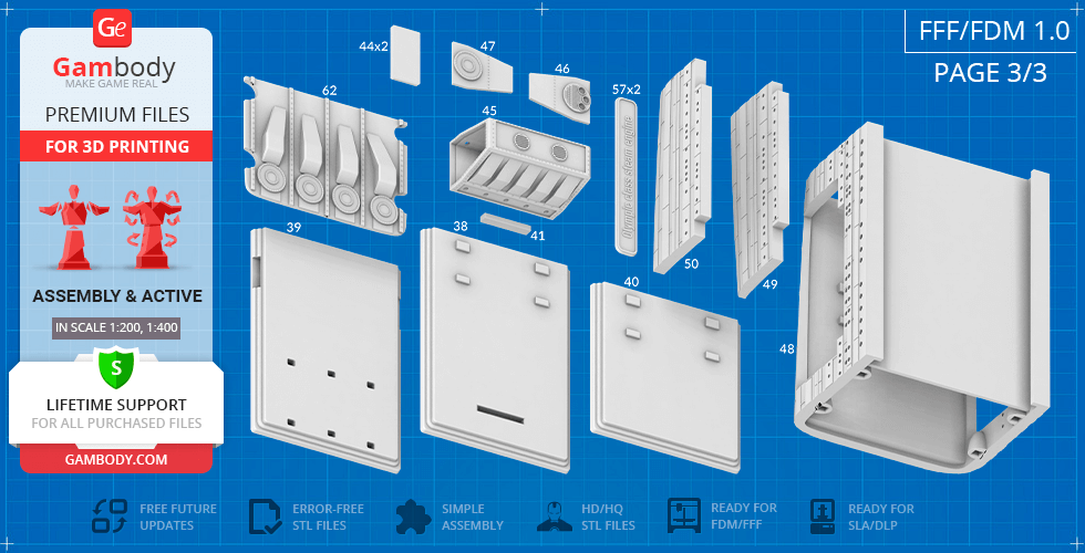 Image shows assembly diagram of 3D printable parts for an Olympic Class Steam Engine, on a blueprint background.