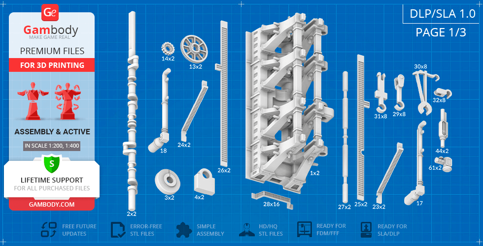 Various 3D printable parts for an Olympic Class Steam Engine model, displayed on a blueprint background.