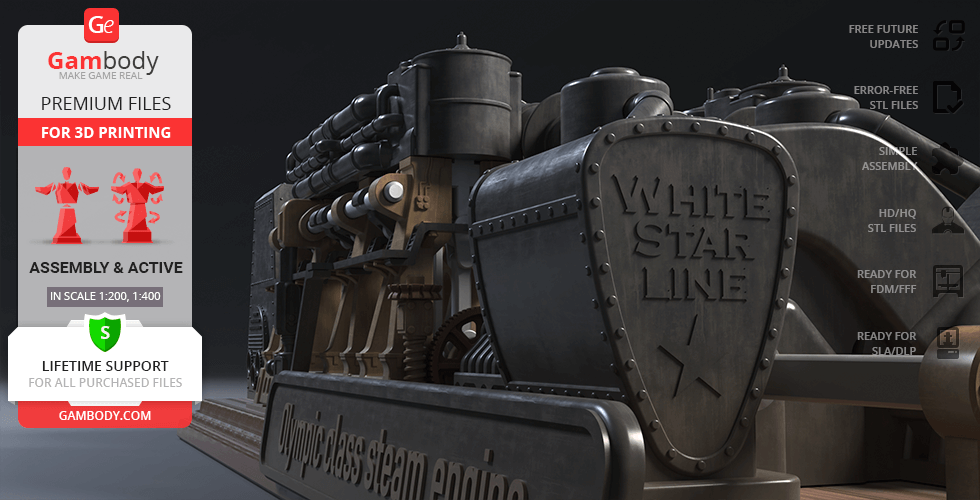 Detailed 3D model of an Olympic Class steam engine for printing, labeled 'White Star Line.'