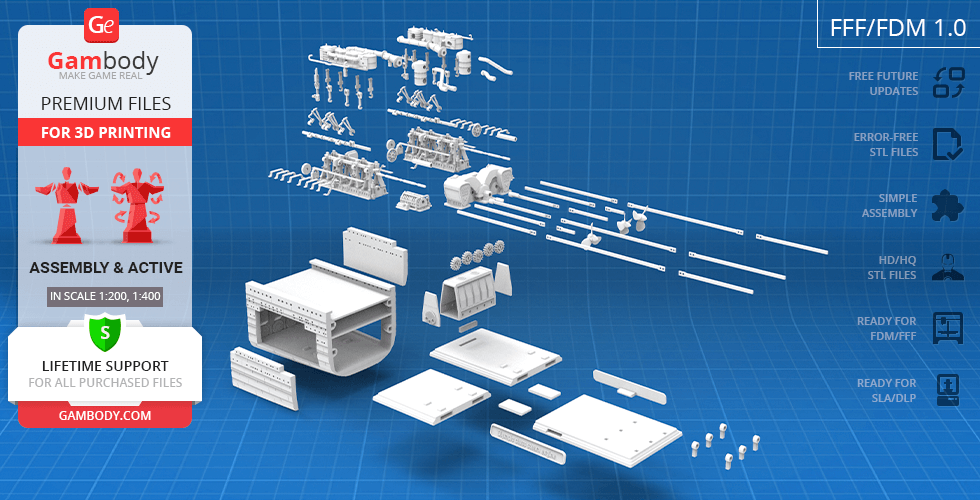 Exploded view of 3D printable Olympic Class steam engine model parts on a blueprint background.