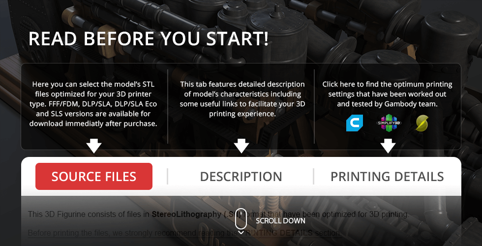 Interface for downloading and detailing 3D printing files for an Olympic Class Steam Engine model from Gambody.