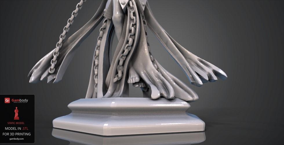 3D model of a ghostly figure with flowing chains and tattered garments on a display base.