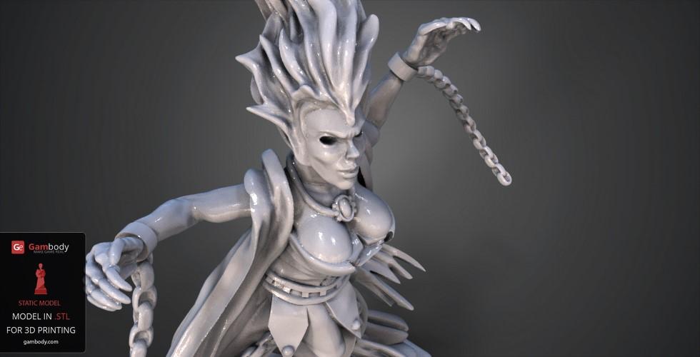 Sculpted figure of a banshee with flowing hair and outstretched arms, holding chains; ready for 3D printing.