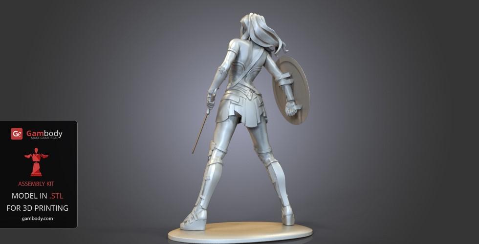 A 3D model of a warrior woman with shield and sword, posed ready for printing.