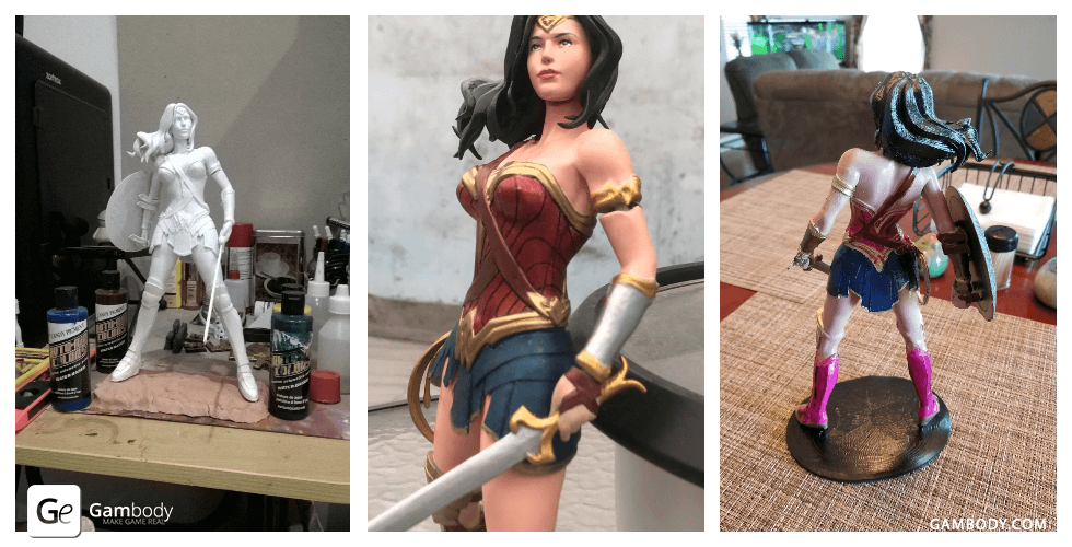 Three views of a 3D printed Wonder Woman model in dynamic poses, partially painted.