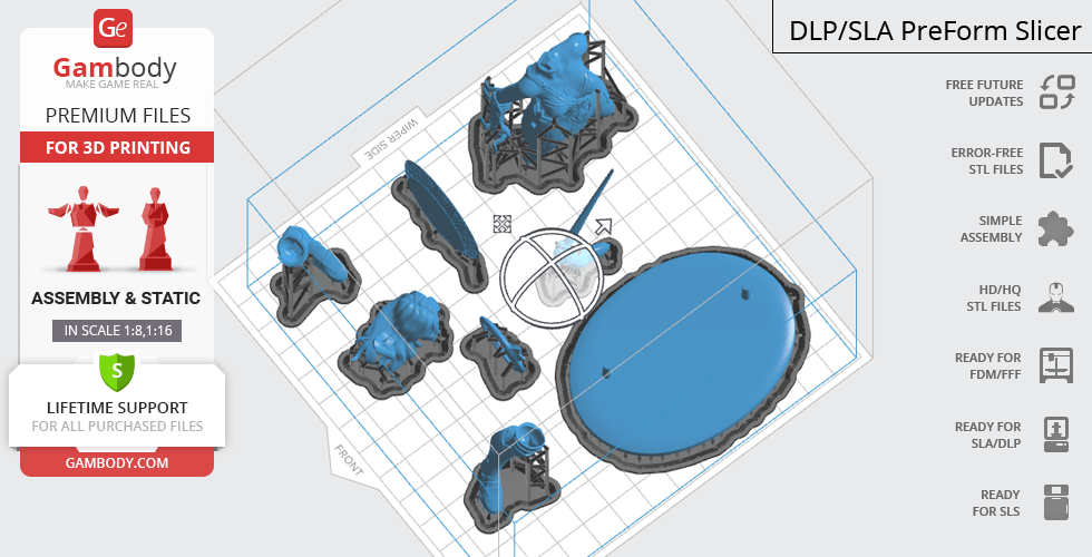 3D printing layout for Wonder Woman with parts arranged on a grid platform.