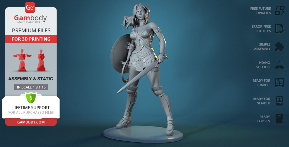 A 3D model of a warrior woman with a shield and sword, standing ready for printing.