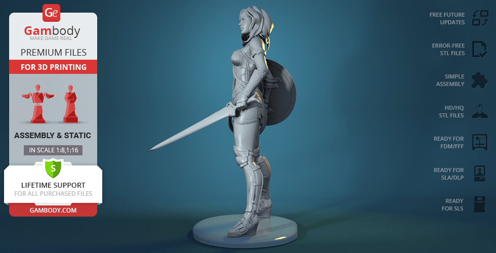 A 3D model of an armored female warrior with a shield and sword, ready for 3D printing.