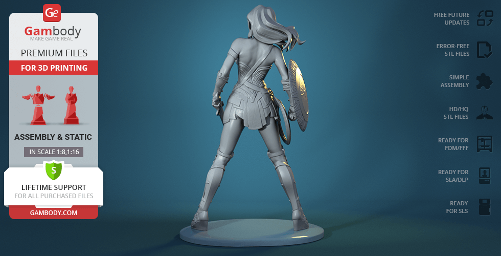 A 3D printed model of a standing woman with a shield and sword, viewed from the back.