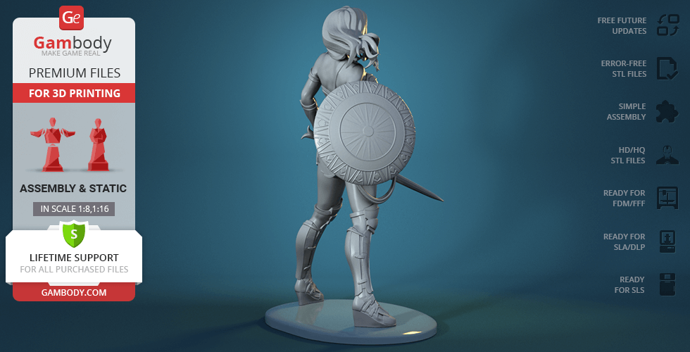 A 3D model of a warrior woman with a shield and sword, ready for 3D printing.