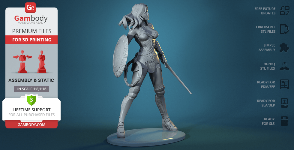 A 3D model of a warrior woman with a shield and sword, ideal for printing.