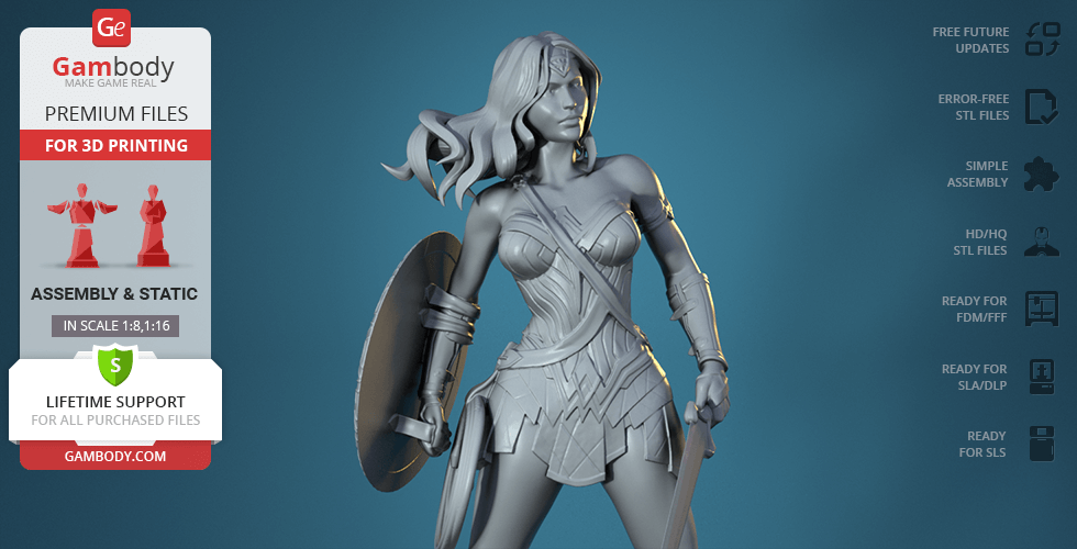 3D model of a heroic female warrior, with a shield and armor, ready for 3D printing.